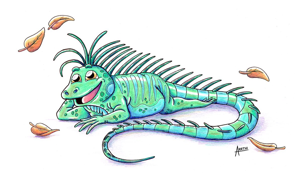 My <a href="/AnimalAlphabets/">Animal Alphabets</a> drawing for Iguana. It's been a busy week so it was touch and go to finish this one in time. I like a challenge! Happy AA Monday everyone! 😄✨#AnimalAlphabets #kidlit #characterdesign #kleinekunstklasse #cartoon #drawing #arrthi