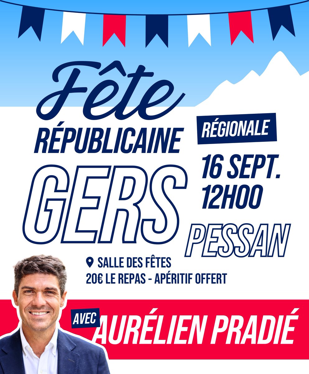 LesBatisseurs_'s tweet photo. #FeteRepPessan Venez participer à notre Fête Républicaine de rentrée dans le Gers, autour d’@AurelienPradie ⤵️

📅 Samedi 16 septembre, 12h
📌 Pessan, Salle des Fêtes

➡️ Inscription https://t.co/wJFHTCBbxp
20€ le repas, apéritif offert https://t.co/3RRAIfFlYF
