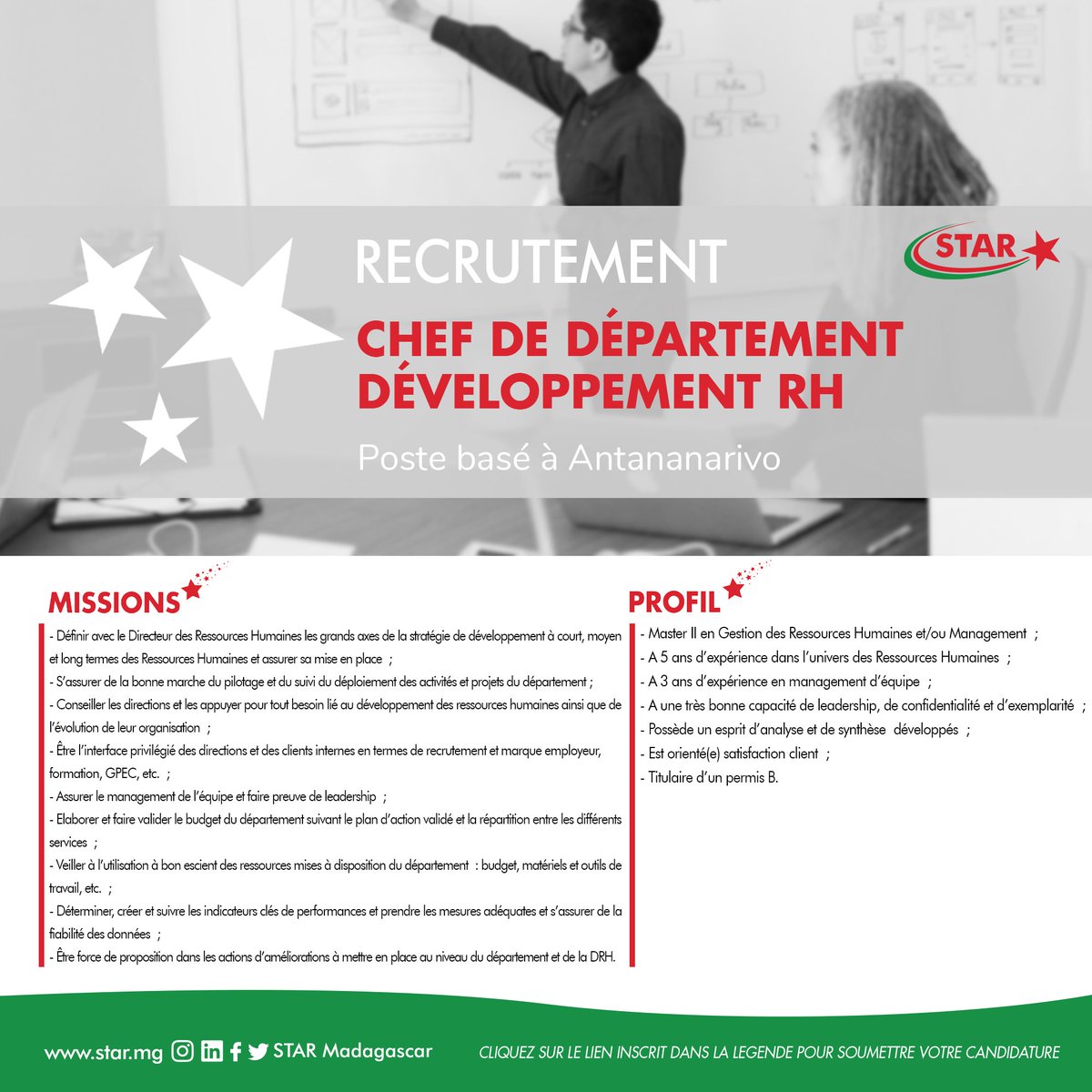 star_mdg's tweet photo. Venez briller avec nous
Nous recrutons :
- Un chef de département développement RH
Lien pour postuler : https://t.co/KeiQ9QVBo2...
- Un analyste marketing
Lien pour postuler : https://t.co/SSeng1m1mU
#STAR #STAR70ans #EnsembleBrillonsPlusFort #recrutement https://t.co/5xUJDJdvUb