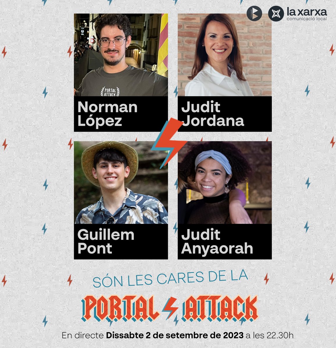 📢 Us presentem les cares que estaran a la pantalla de la ⚡ #PortalAttack 2023! ⚡

🎙️ Norman López, Judit Jordana, Guillem Pont i Judit Anyaorah, seran els encarregats de narrar totes les curiositats i històries de la cursa.

🗓️ Dissabte 
🕚 22.30h
📺 #TvBerguedà i <a href="/laxarxames/">La Xarxa+</a>