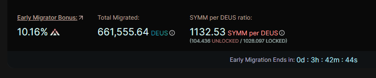 The early migrator closes in just under 4 hours 👀

Migrate your $DEUS ecosystem tokens to DEUS, <a href="/symm_io/">SYMMIO</a>, or both via the balanced migration.

app.deus.finance/migration

Read more about it here: medium.com/deus-finance/e…