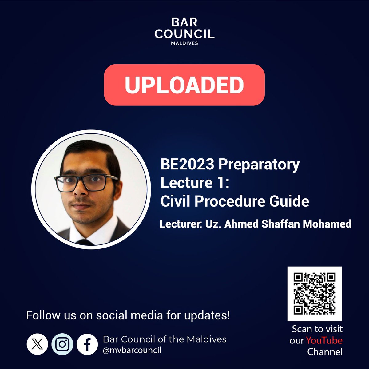 MvBarCouncil's tweet image. UPLOADED!

The #BE2023 preparatory lecture on Civil Procedure Code is now available via our platforms.

We thank Uz. @ahmedshaffan_m for the voluntary contribution and knowledge sharing with the Bar examinees. 

Link: youtu.be/eCYz_BK1KQs?si…