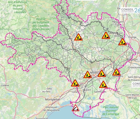🚧 Les nouveaux #travauxCD30 dans le #Gard cette semaine :
🔹Vallabrègues, RD2b, 28/8 au 17/11, barrage
🔹Bellegarde &amp; St-Gilles, RD38, 28/8 au 20/10
🔹Nîmes &amp; Manduel, RD999, 28/8 au 15/9
🔹St Marcel de Careiret, RD6, 29 au 31/8

ℹ  <a href="/InfoRouteGard/">InfoRouteGard</a> &amp; inforoute.gard.fr
