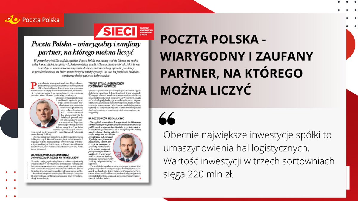 PocztaPolska's tweet photo. 💬Z punktu widzenia rynkowego i możliwości zyskania przewagi konkurencyjnej bardzo istotne jest posiadanie właściwie zaplanowanej sieci połączeń, optymalnie zlokalizowanych hal dostosowanych do lokalnych potrzeb oraz ich wyposażenie w nowoczesne sortery - zaznacza K.#Falkowski, prezes @PocztaPolska.
📰Więcej w dzisiejszym wydaniu @Tygodnik_Sieci.