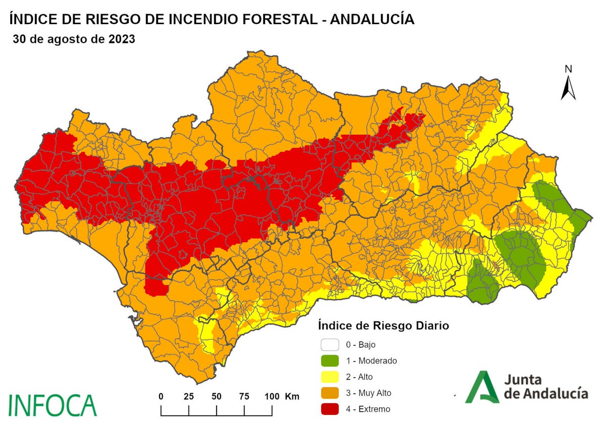 Plan_INFOCA's tweet photo. 🟥El primer tuit para ver el ÍNDICE de RIESGO de incendio previsto para Andalucía. Parece que el EXTREMO se repliega pero nos nos confiemos, los mapas nos avisan de la situación anómala que sufre la región.  

📢 Ya sabes que si ves un #IF, debes llamar al 📲 112.  

Buenos días. https://t.co/4FZefsBPCL