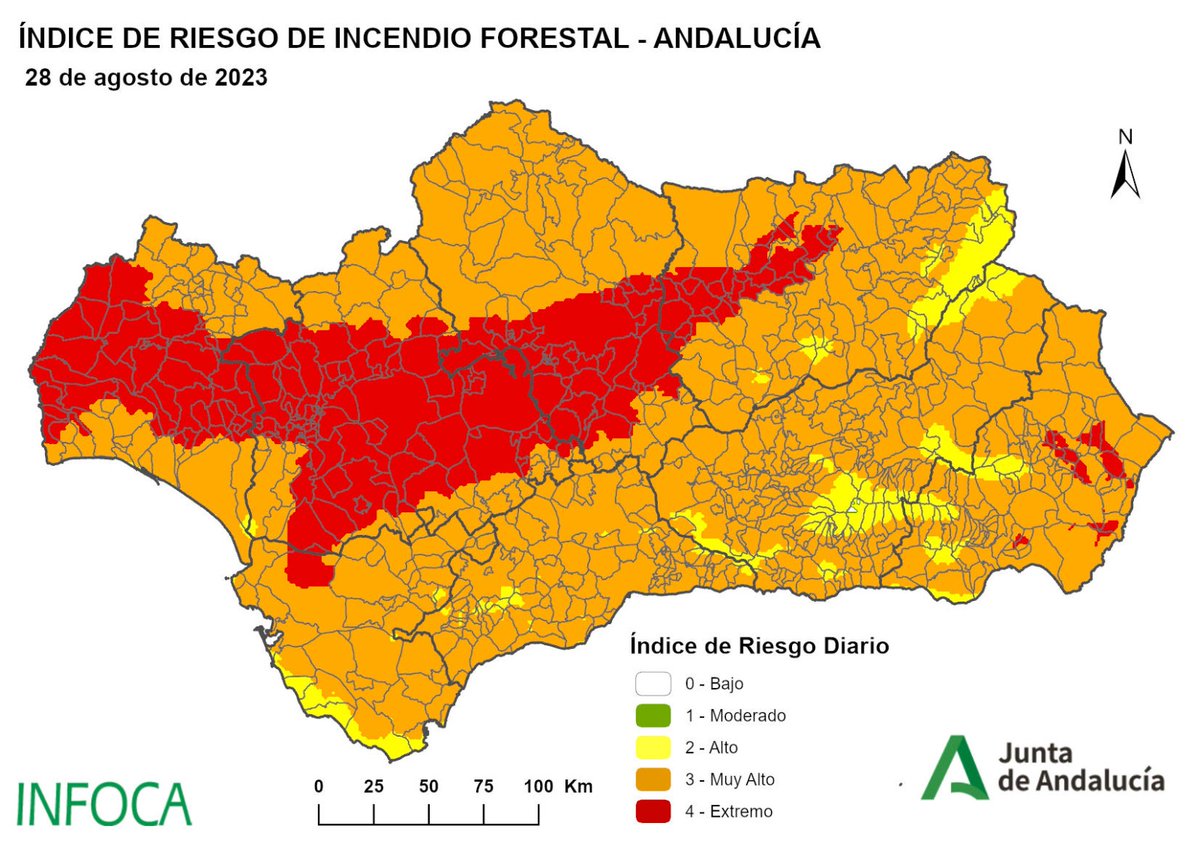 Plan_INFOCA's tweet photo. 🟥El primer tuit para ver el ÍNDICE de RIESGO de incendio previsto para Andalucía. Parece que el EXTREMO se repliega pero nos nos confiemos, los mapas nos avisan de la situación anómala que sufre la región.  

📢 Ya sabes que si ves un #IF, debes llamar al 📲 112.  

Buenos días. https://t.co/4FZefsBPCL