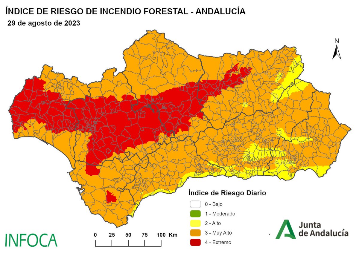 Plan_INFOCA's tweet photo. 🟥El primer tuit para ver el ÍNDICE de RIESGO de incendio previsto para Andalucía. Parece que el EXTREMO se repliega pero nos nos confiemos, los mapas nos avisan de la situación anómala que sufre la región.  

📢 Ya sabes que si ves un #IF, debes llamar al 📲 112.  

Buenos días. https://t.co/4FZefsBPCL