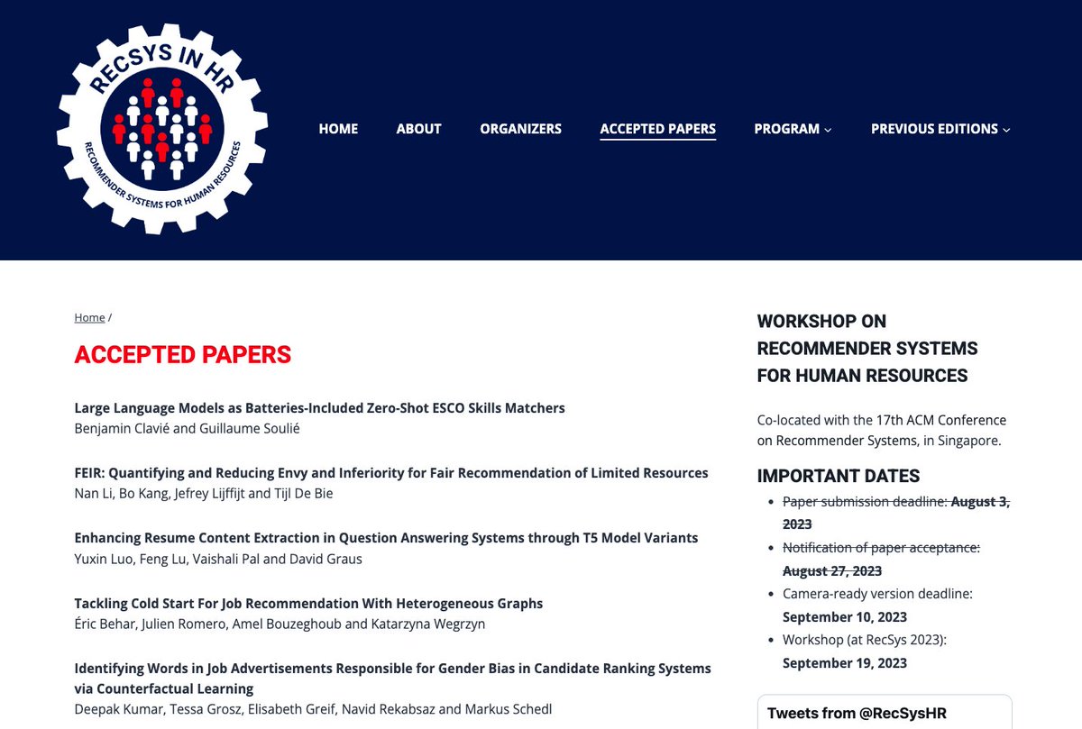 RecSys in HR Workshop (@recsyshr) on Twitter photo We published the list of accepted <a href="/RecSysHR/">RecSys in HR Workshop</a> papers! This year we have a program with 10 paper presentations, topics ranging from skill extraction, CV parsing, career path prediction, and more. Congrats to all authors, and thanks to our PC for reviewing! lnkd.in/dx5DH9nA We published the list of accepted <a href="/RecSysHR/">RecSys in HR Workshop</a> papers! This year we have a program with 10 paper presentations, topics ranging from skill extraction, CV parsing, career path prediction, and more. Congrats to all authors, and thanks to our PC for reviewing! lnkd.in/dx5DH9nA