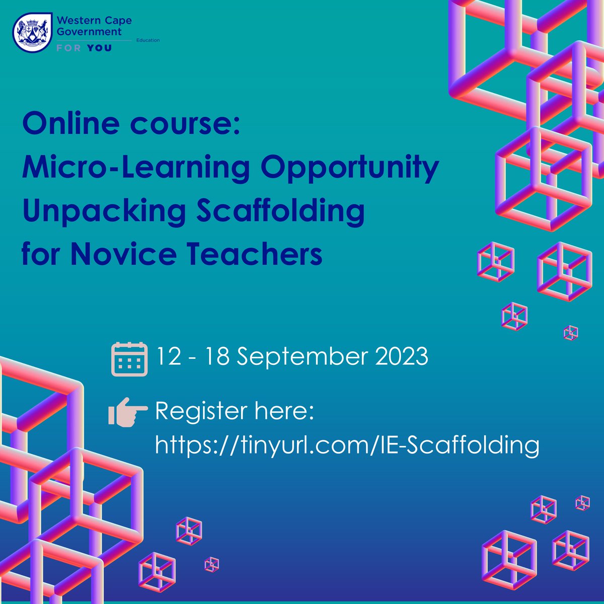 We are thrilled to introduce our new Online Micro Learning Opportunity! Unlock your teaching potential and master scaffolding techniques.
Register here: tinyurl.com/IE-Scaffolding
<a href="/WCEDnews/">WCEDNews</a> <a href="/WCED_eCulture/">WCED eLearning</a>