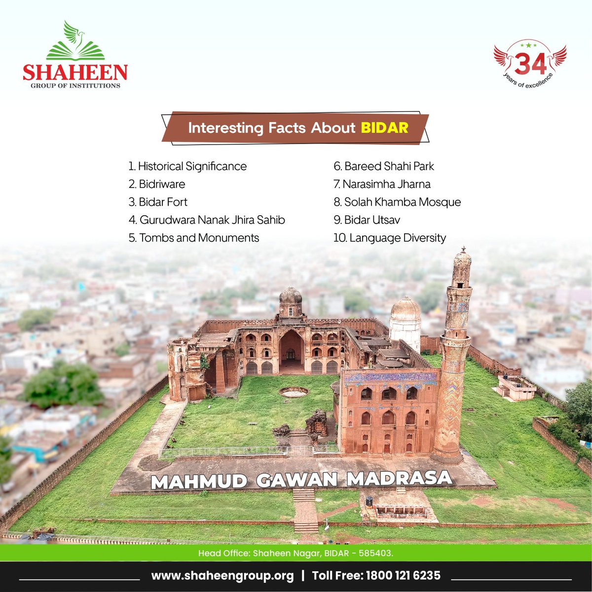 Shaheengrouporg's tweet photo. Interesting Facts About Bidar
1. Historical Significance
2. Bidriware
3. Bidar Fort
4. Gurudwara Nanak Jhira Sahib
5. Tombs and Monuments
6. Bareed Shahi Park
7. Narasimha Jharna
8. Solah Khamba Mosque
9. Bidar Utsav
10. Language Diversity
#bidarnews #BidarCity #NammaBidar https://t.co/yUlDrUkbnx