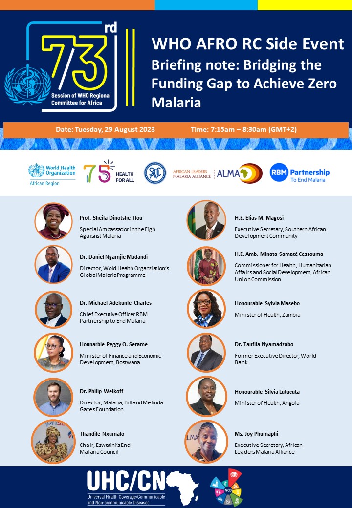 The 73rd @WHO Regional Committee for Africa (#RC73AFRO) is in full swing in Gaborone,🇧🇼. On the sidelines of this meeting, we're excited to have ALMA's @JoyPhumaphi_ & Amb. Sheila Tlou join partners to discuss funding for #zeromalaria on 29 Aug. Stay tuned for updates!