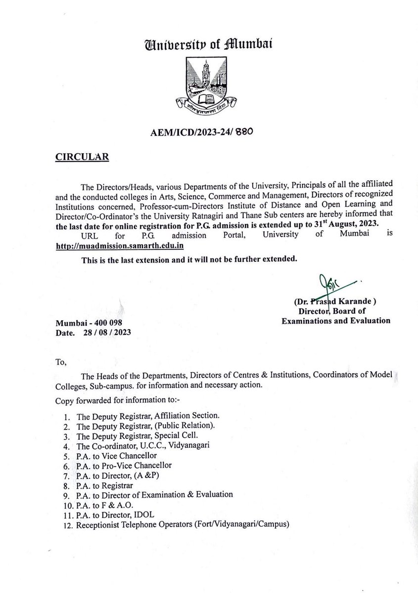 Uni_Mumbai's tweet photo. The last date for online registration for P.G. Admission is extended up to 31st  August 2023. This is the last extension and it will not be further extended https://t.co/5wrUVCQTE3