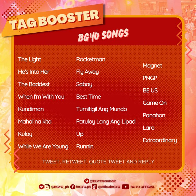 TAG BOOSTER ONE: The songs of BGYO!

Kundiman and PNGNP

D5 to BGYO LiveInCanada
@bgyo_ph #BGYO
