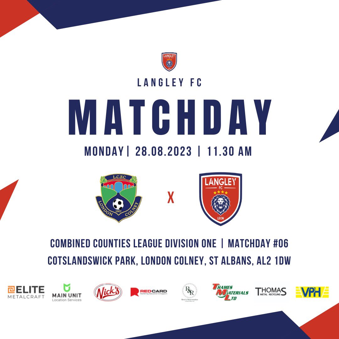 LangleyFC_'s tweet photo. 🚨IT'S MATCHDAY🚨

📅 Monday 28th August 2023
🕒 Kick-Off @ 11:30 AM UK
🆚 @londoncolneyfc 
🏟️ Cotslandswick Park, London Colney, AL2 1DW

#UpTheMerryMakers #LCFCLFC https://t.co/Jwvp50hfDU