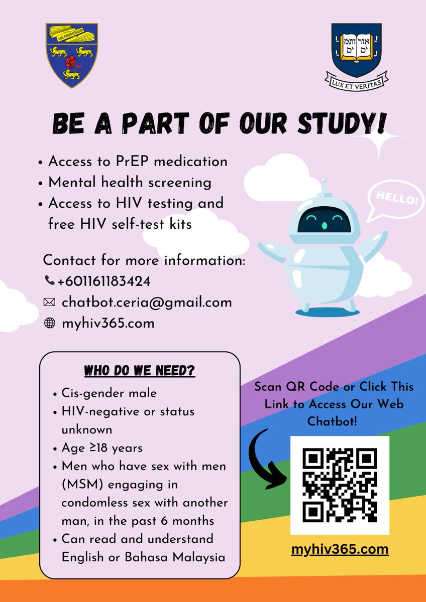 We are currently looking for participants to test our web chatbot. This web chatbot has been designed to provide information about HIV testing and pre-exposure prophylaxis (PrEP) for HIV prevention. If you meet the criteria and are interested, we invite you to join us now! 🙏💚🙏