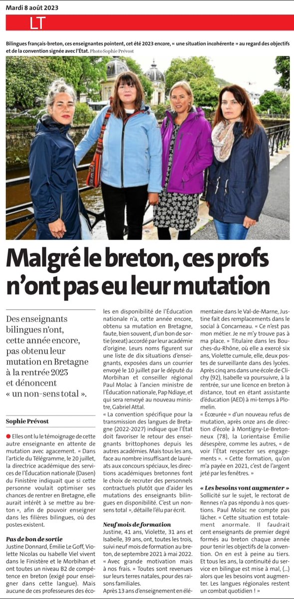 5 professeures des écoles formées à la #languebretonne  ne peuvent toujours pas rejoindre la région académique  #Bretagne et pourtant il manquera des postes d'enseignants bilingues en #Finistère !!! <a href="/Paul_Molac/">Paul Molac</a> ! Pas de réponse de l'académie de Rennes ! <a href="/emmanuel_ethis/">Emmanuel Ethis</a>