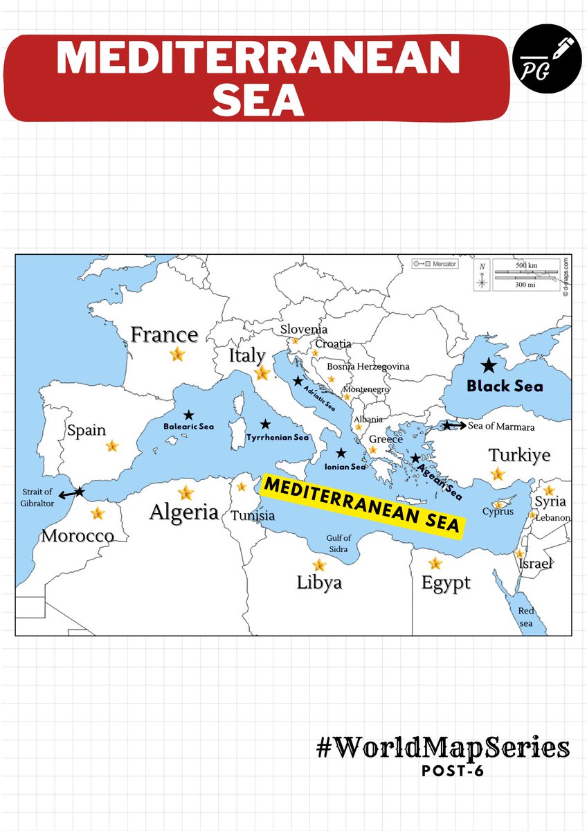 ProxyGyan's tweet image. 🏝️🗺️ “Journey through the Mediterranean Sea and Its Surrounding Splendors” 🌊🌍

Mediterranean Sea: A cradle of ancient civilizations, adorned with picturesque islands, and blessed with azure waters.

Follow @ProxyGyan

#UPSC #WorldMapSeries