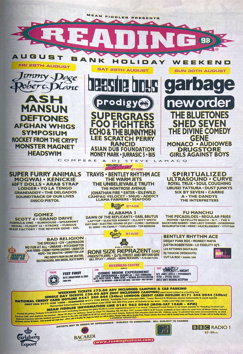 Britpopmemories's tweet photo. 25 years ago today Reading Festival '98 began.

An interesting mix of bands across the weekend.

I'd say Sunday's main stage line up is the best selection of bands although Page and Plant would've been quite a set I imagine! https://t.co/PJTgmOdX3w