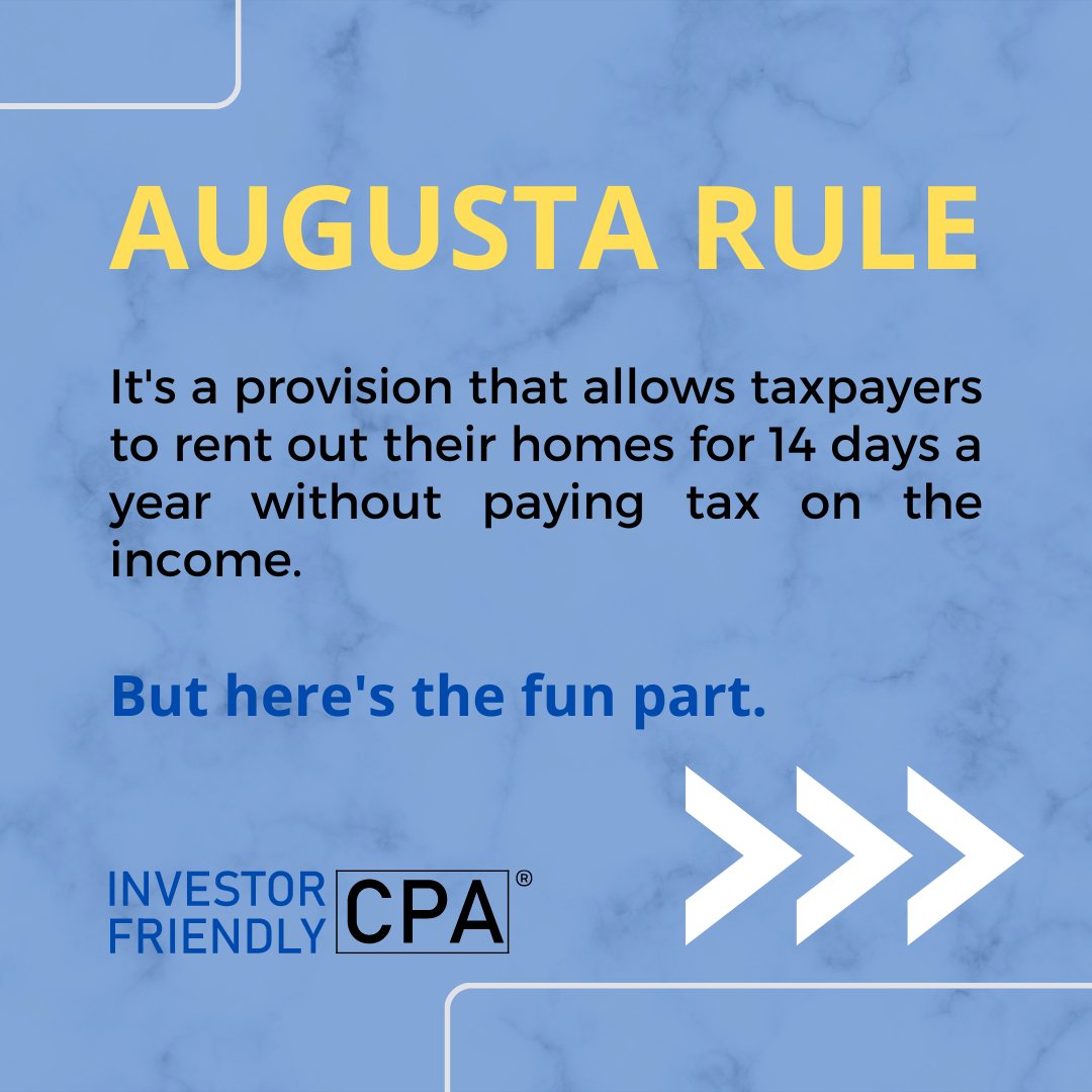 I_F_CPA's tweet photo. Say goodbye to the ordinary and embrace the extraordinary with Augusta Rule for Real Estate!🌟🔑
Contact us:
🌐: https://t.co/Ynje8jzWmo
☎️: 1-800-522-6091
📧: info@investorfriendlycpa.com

 #taxes #cpa #investorfriendlycpa #realestate #investor #finance #taxplanning #AugustaRule https://t.co/cDNrWxQmz7