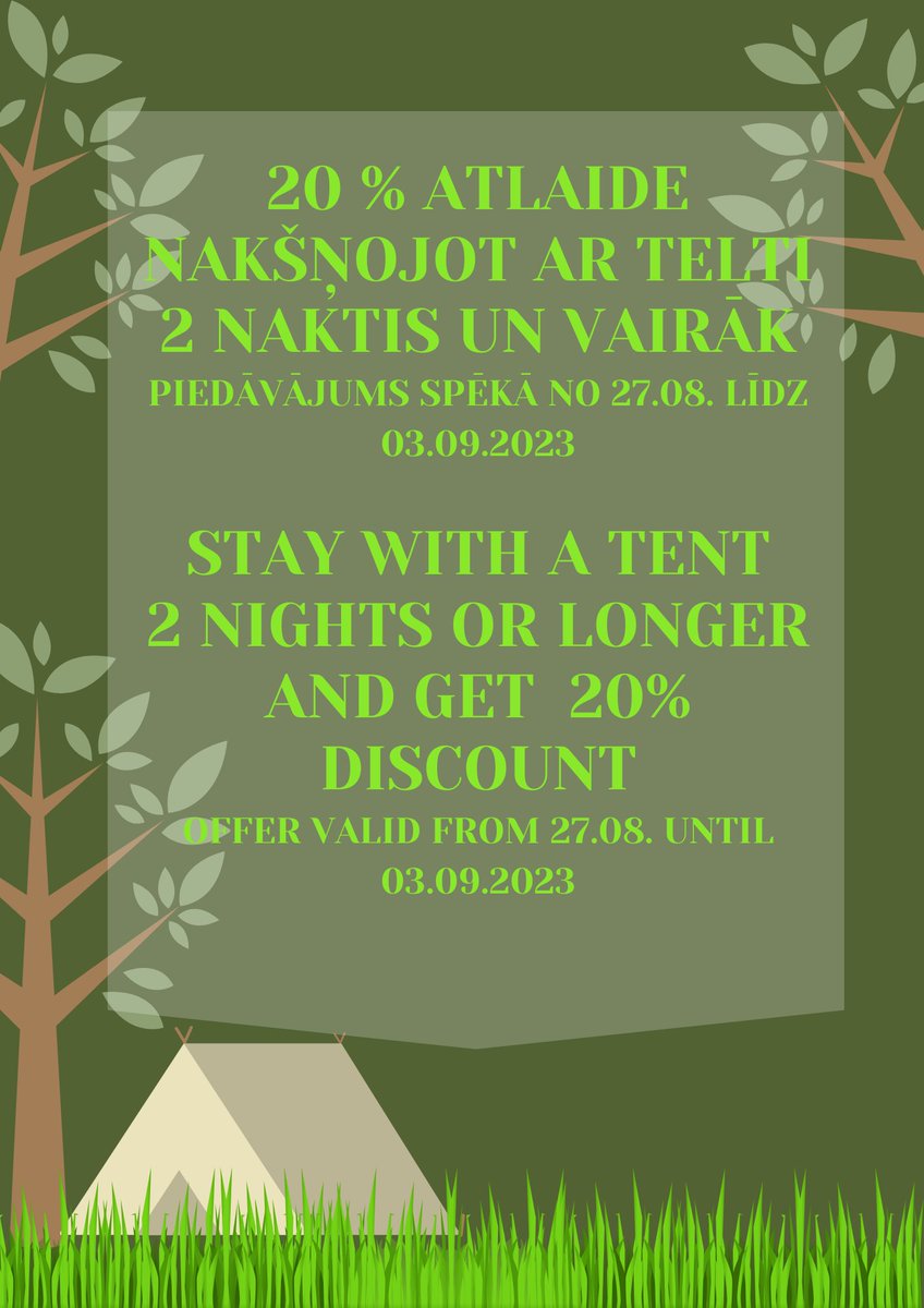 ☀️No 27.08. līdz 03.09. piedāvājam 20% atlaidi, ja nakšņo ar telti 2 naktis un vairāk. 
Vairāk info +371 22008805, camping@ventspils.lv

☀️From 27.08. until 03.09. we offer a 20% discount if you stay with a tent for 2 nights or more.
More info +371 22008805, camping@ventspils.lv