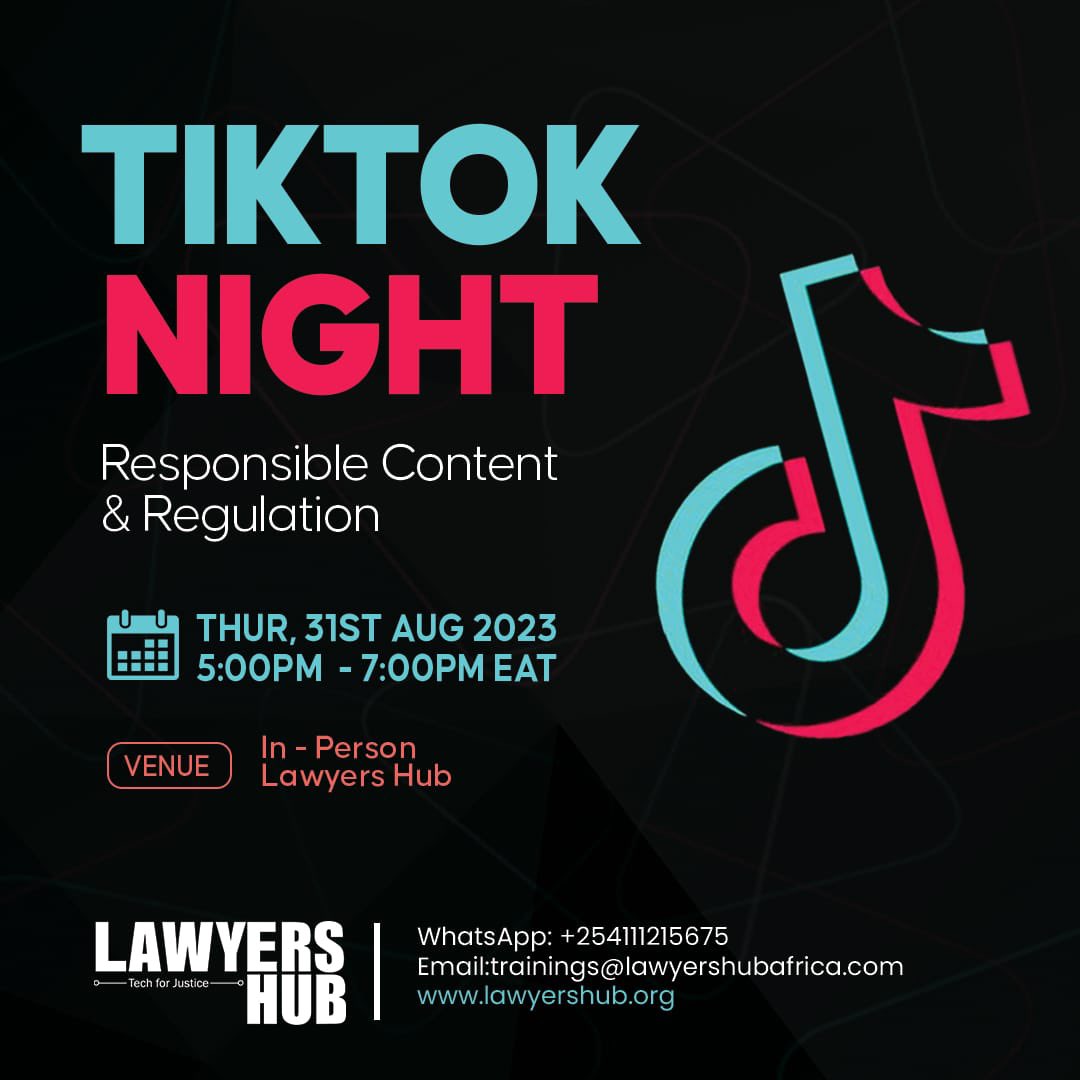 Are you curious about Tiktok’s impact on our culture? Join us this Thursday, 31st August from 5PM EAT Venue: Lawyers Hub Offices @lawyershubkenya Let's explore the impact of TikTok in Kenya and Africa.📲 Sign Up: bit.ly/tiktoknight #TikTok #tiktokers #Africa