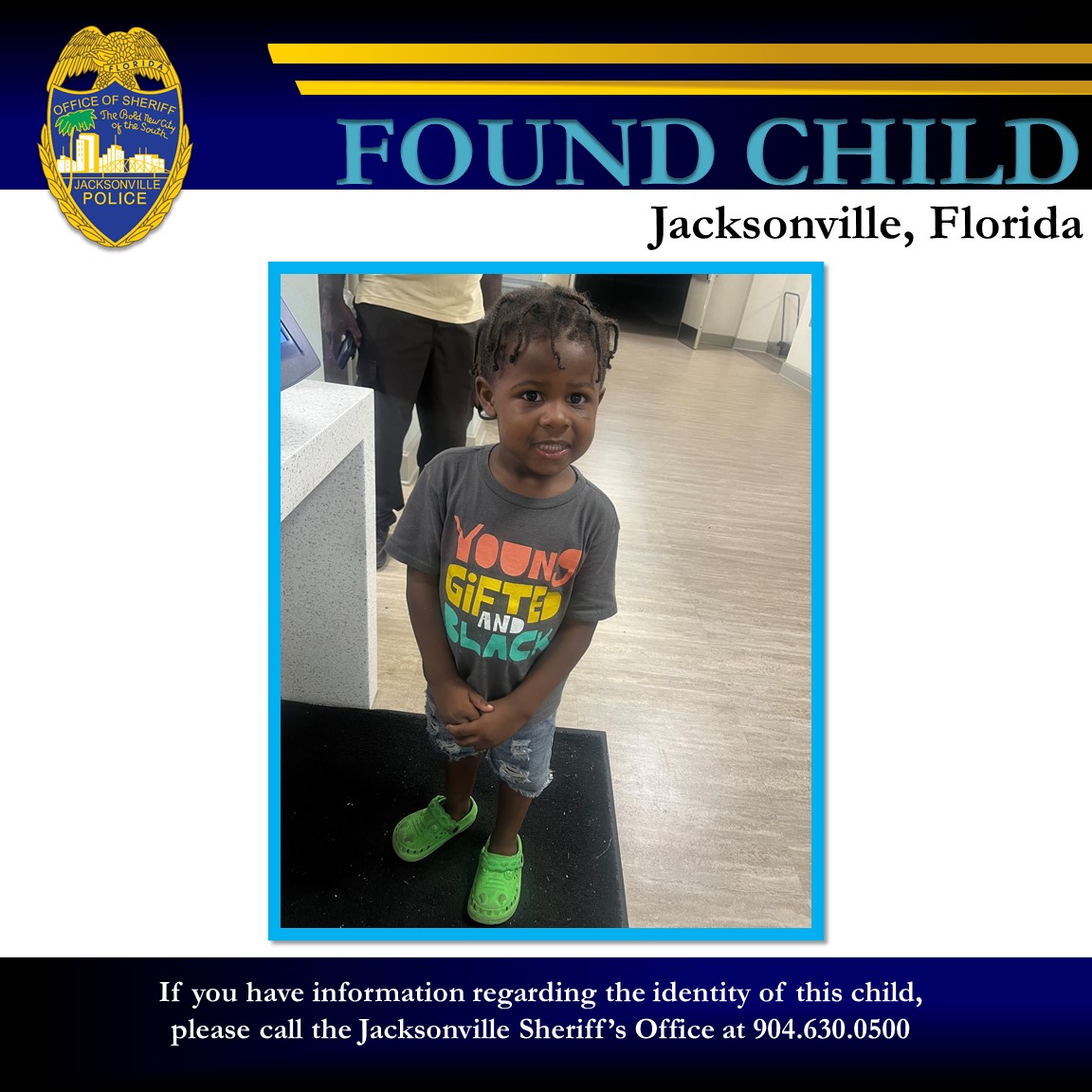 JSOPIO's tweet photo. Found Child - Please ReTweet

The Jacksonville Sheriff’s Office has located the pictured child walking alone in the 9000 block of Norfolk Boulevard.  The child who goes by “Rocket” has not been able to provide any further information.

Anyone having any information about the child’s identification or potential family members is asked to contact us at 904-630-0500.