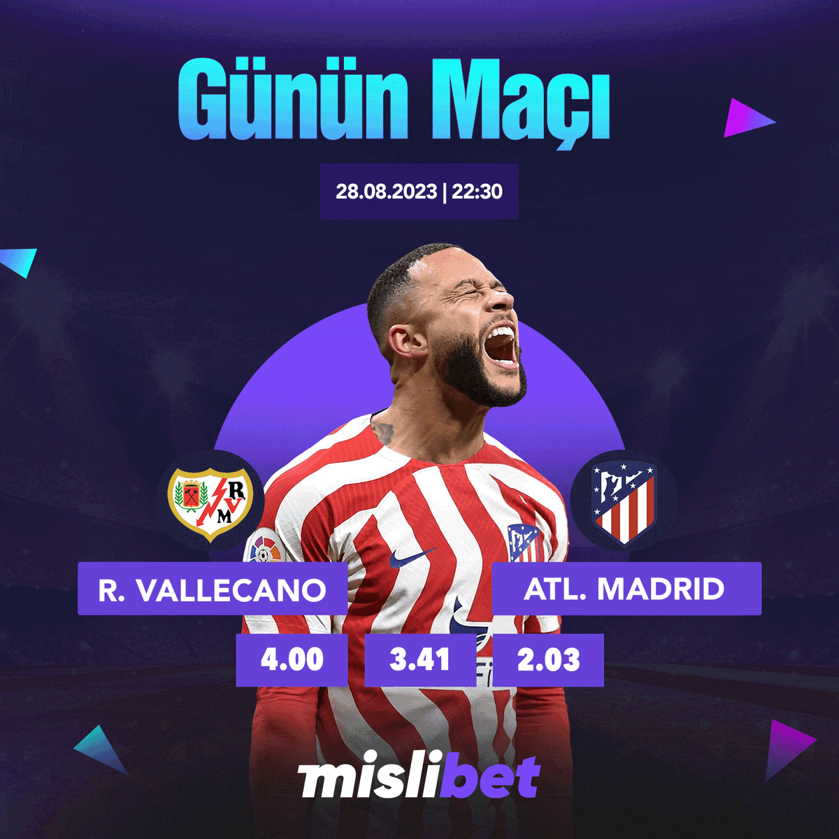 TrMislibet's tweet photo. 🌟 Günün Öne Çıkan Karşılaşması; 

 ⏰ 22:30

🥅 #RVallecano ⚽ #ATLMadrid

💰 En keyifli kazançlar #Mislibet'te başlar..!  

🎁 Haftanın her günü sizlere özel promosyonlar için doğru mekandasınız..! 

  🔗 Güncel Giriş:  https://t.co/RZVQGsg48Z https://t.co/ucIDpvD0KR