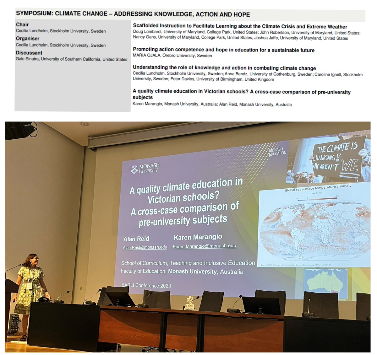 KarenMarangio's tweet photo. Very appreciative to present in the #EARLI2023 #climatechange #education #symposium
Shared our #VCE #curriculum #affordances #climateliteracy research. #AlanReid
๐ #cecilialundholm @lombardi_learn @GaleSinatra & #AlanReid
@LKruke
#careerhighlight @MonashEducation @SERG_Monash https://t.co/HfKxIXAe5y