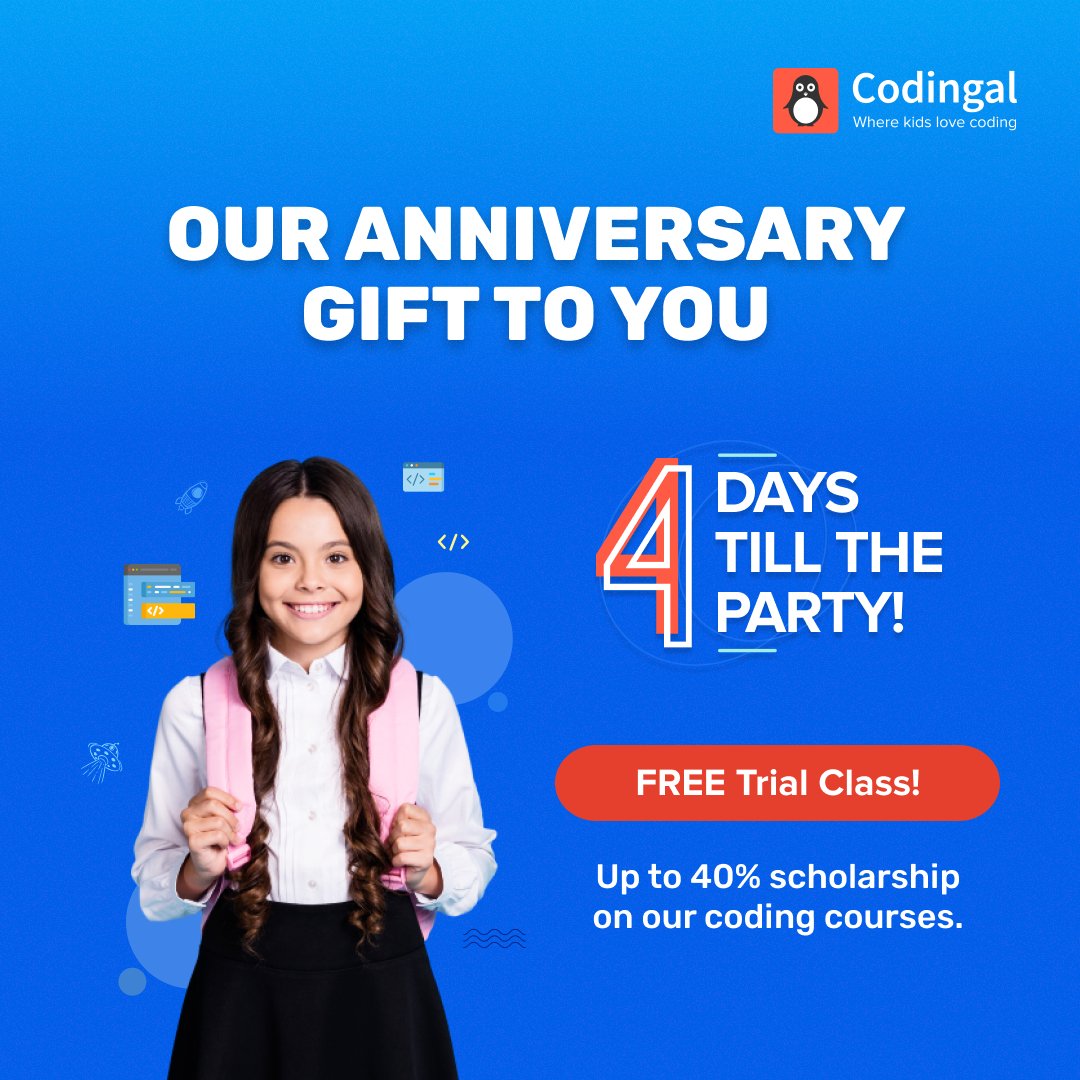 codingal's tweet image. The countdown continues! Claim your FREE trial class as we celebrate 3 incredible years of coding fun.
You can also land a 40% scholarship on our amazing courses as well.
Register now: cdg.al/zclmQ
#codingal #3yearanniversary #celebration #CelebrationTime