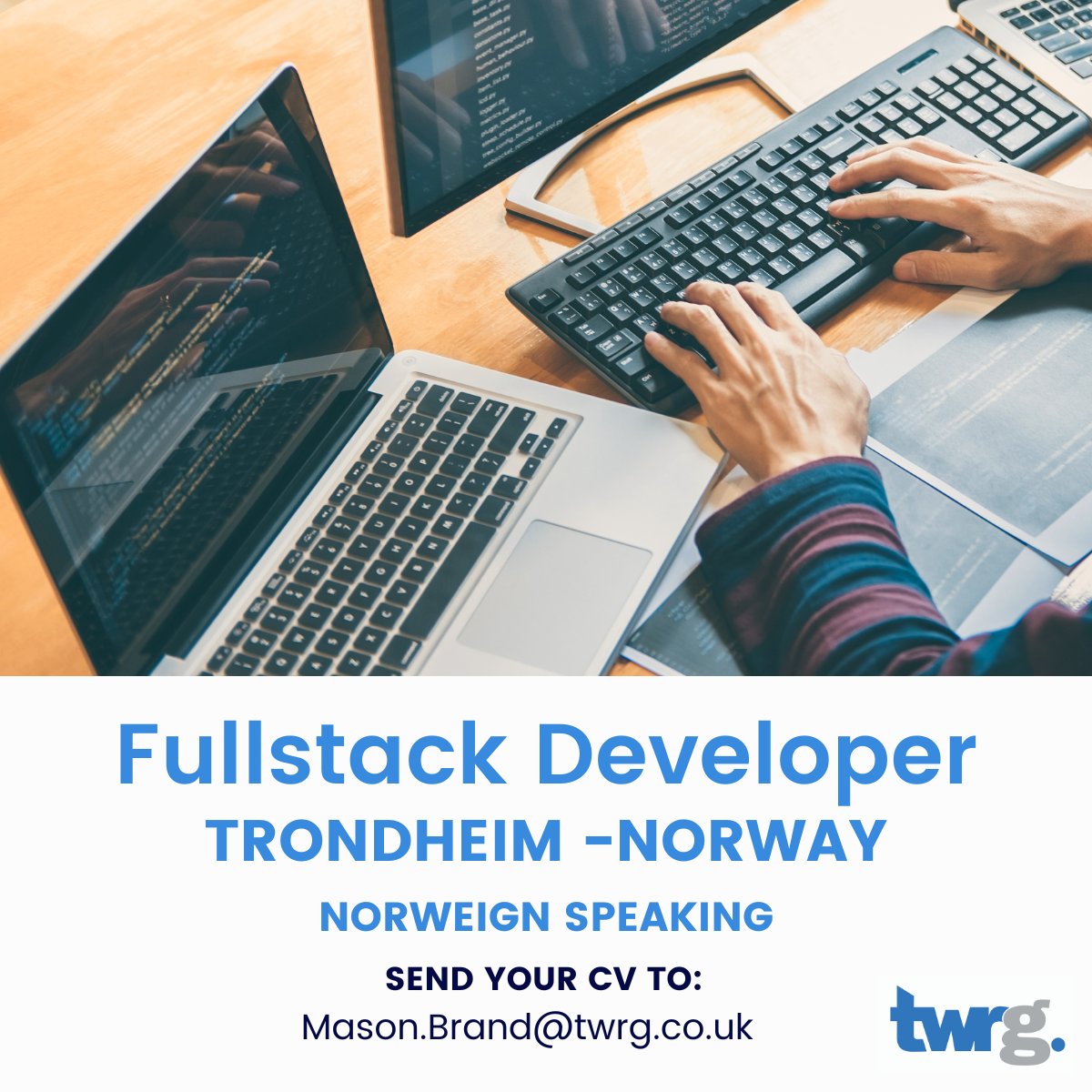 TWRG_Team's tweet photo. 📣 Full Stack Developers in Trondheim.
Are you experienced in web app development using frontend and backend languages like Java, Angular or React, Kubernetes, and Docker?  Looking for a new role?
Contact Mason.Brand@twrg.co.uk to discuss further! https://t.co/1EARuLz9jT