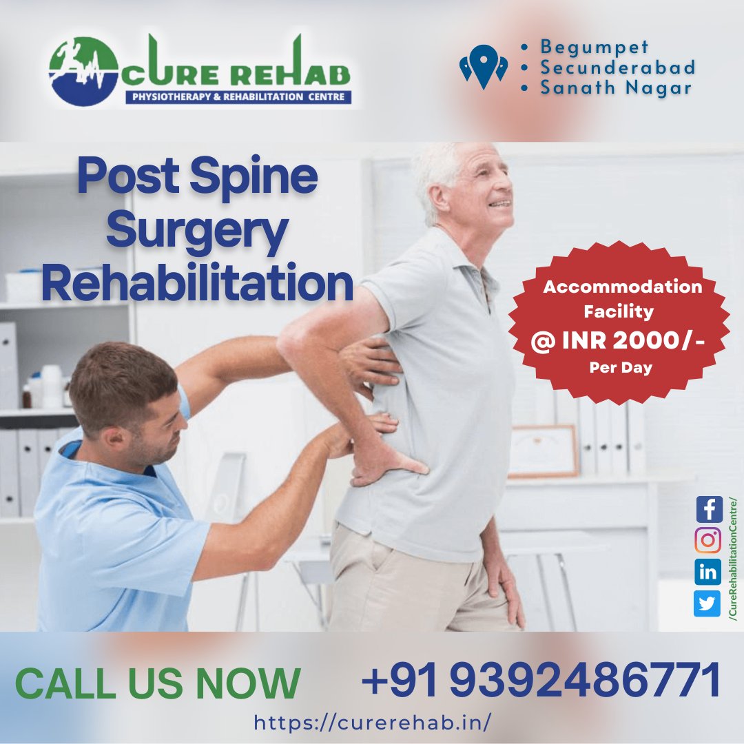 #PostSpineSurgeryRehabilitation at #CUREREHAB Discover #QualityCare at **#CUREREHABPHYSIOTHERAPYANDREHABILITATIONCENTRE** 🏥
#SpineSurgeryRehab #SpineHealth #HyderabadRehab #GetMoving #PostSurgeryCare #Rehabilitation #HealthcareSupport #AccommodationFacility #SpineRehabilitation