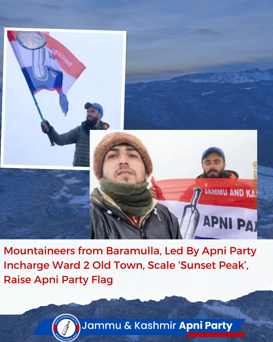 Apnipartyonline's tweet photo. Group of mountaineers from Baramulla, led by Incharge Ward 2 of Old Town, raised the party flag over famous ‘Sunset Peak’ – at an altitude of 15568 ft.
The group led by Wajid Rasool Khan, Ward Incharge Ward Number 2, became the fifth in the world and first in Baramulla https://t.co/L0M0vEE4GN