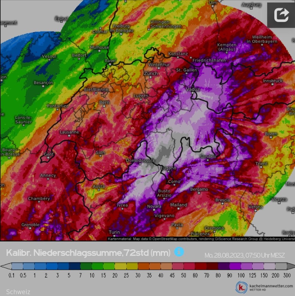 StormchaserAlp1's tweet photo. Extreme Regenmengen zum Teil deutlich über 400l/qm in den letzten 72h im #Tessin, es besteht eine extrem hohe Hochwassergefahr⚠️⚠️
@Kachelmannwettr https://t.co/0it21xN62p