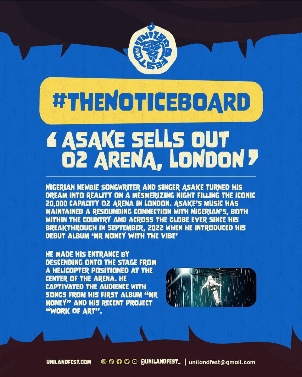 Asake shook up London's Iconic O2 Arena, being the fourth Nigerian artist to accomplish this feat.
=========================
Use the hashtags and follow unilandfest_ on all platforms. 
==========================
#unilandfest #thisisuni #uniland #bustouniland