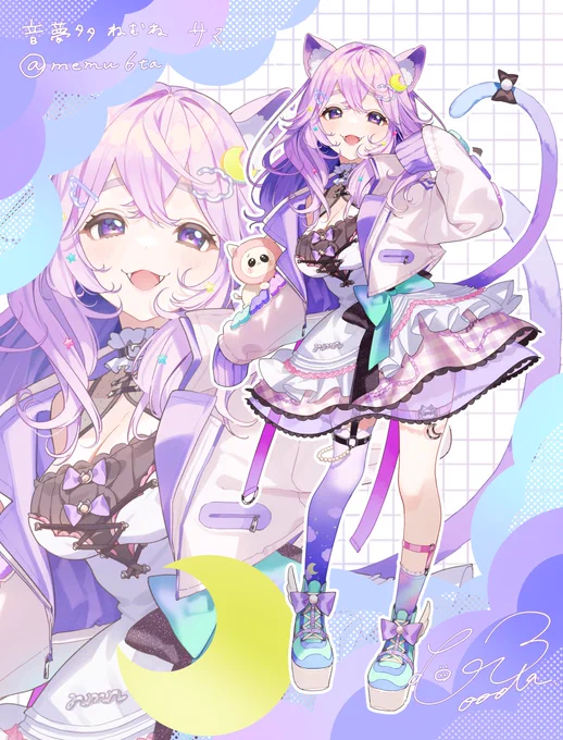 告知音夢多ねむね()様の新ビジュアルのデザインと立ち絵、キービジュの制作をさせていただきました元々のデザインがとても可愛く、描きたい!と思いお手伝いさせていただきました新ビジュでの初配信もとてもよかったので見に行ってみてね 