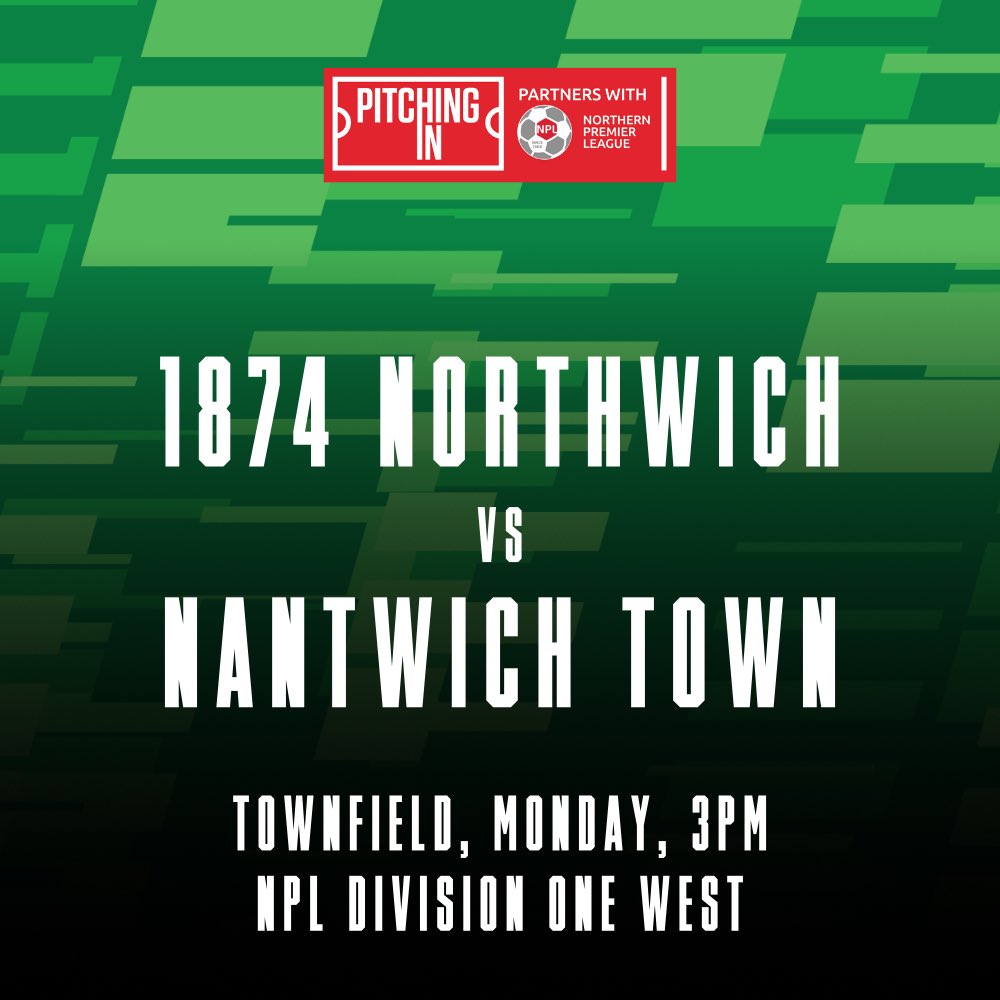 1874Northwich's tweet photo. 🟢 MATCH DAY ⚫️

Cheshire derby. 1874 vs Nantwich Town. 3pm kick-off at Townfield. COYG! https://t.co/kWyJZ1Fncg
