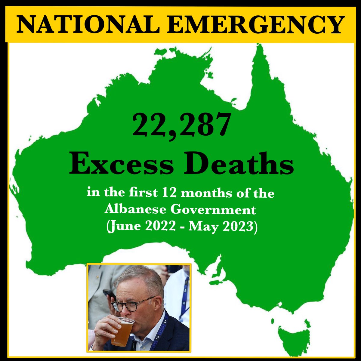 AND THE MEDIA ARE SILENT Something has gone terribly wrong. In the first 12 months of the Albanese Government (June 2022 to May 2023) according the Australian Bureau of Statistics there has been 22,287 Excess Deaths. These are war-time numbers. That’s 429 excess deaths