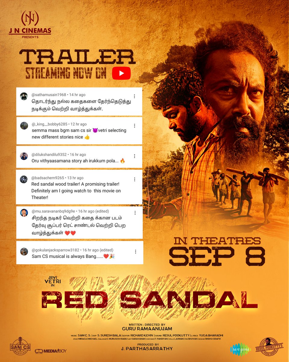 JnCinemas's tweet photo. Trailer getting constant good words. Now available on YouTube 
▶️ https://t.co/MTSRwgtz5S

#RedSandalWood in theatres from Sept 8th. 

@SamCSmusic Musical 

@act_vetri @guru_ramanujam @DiyaaMayurikha @GarudaRaam @kabalivishwanth @talk2ganesh @resulp @ARichardkevin  @saregamasouth https://t.co/5xCW78RF1v