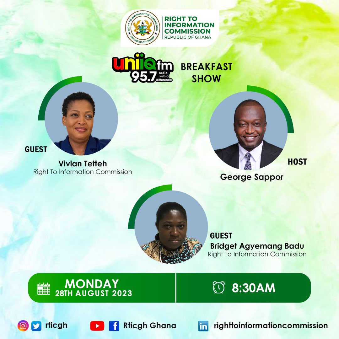 rticghana's tweet photo. Tune in to GBC Uniiq Fm 95.7 Breakfast Show as the Staff of the Right to information Commission speak on the Right to Information Act 2019, (Act989) @thegbcghana
#KnowTheRTIAct
#RTICommission https://t.co/irG6XKzlQh