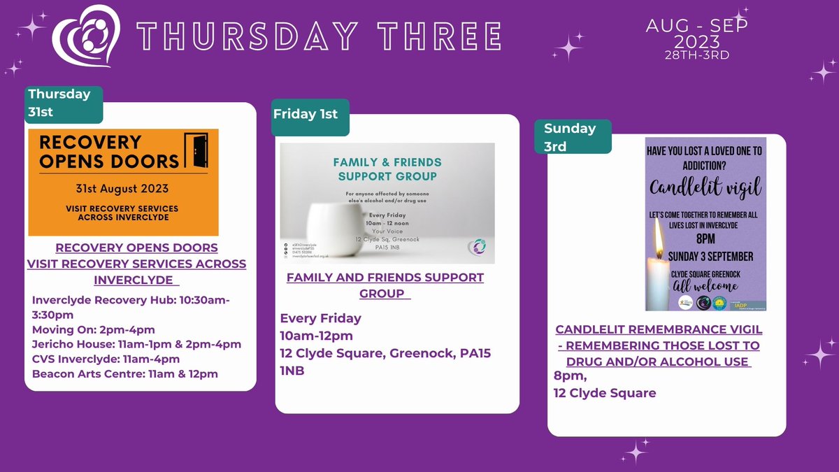 Scottish Families in Inverclyde (@sfadinverclyde) on Twitter photo Happy Monday All 💜This week is a very busy & exciting one, kicking off with Recovery Opens Doors on Thursday, leading into Septembers Recovery Month, followed by a Candlelit Vigil 🕯️ Come along & get involved. If you have any questions, drop me a message - rachel@sfad.org.uk Happy Monday All 💜This week is a very busy & exciting one, kicking off with Recovery Opens Doors on Thursday, leading into Septembers Recovery Month, followed by a Candlelit Vigil 🕯️ Come along & get involved. If you have any questions, drop me a message - rachel@sfad.org.uk