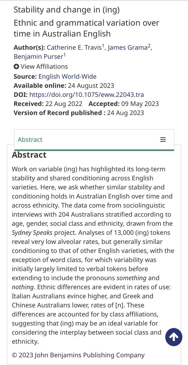 benjaminpurser_'s tweet photo. Very excited that our latest paper using the Sydney Speaks corpus has been published in English World Wide, with @dalaigrama and @Catheri92184838 
“Stability and change in (ing): Ethnic and grammatical variation over time in Australian English”
https://t.co/eg8qbKqCio https://t.co/hGSFSDlTr8