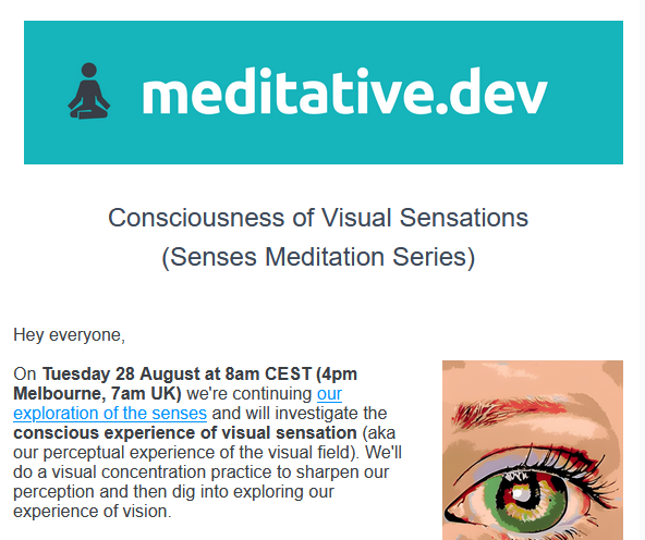 meditative_dev's tweet photo. Join us this Tuesday for the ongoing senses series, this time on visual perception. To do so head to our website @ https://t.co/7n4xnYMysq… and join our mailing list (which you can always unsubscribe from afterwards if you wish) to get the Zoom link. https://t.co/wXqGeymX5e
