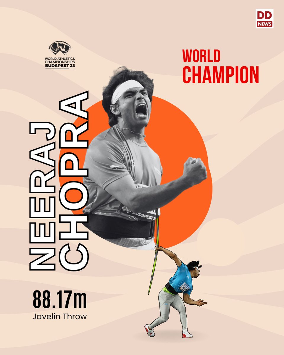 #WorldAthleticsChampionships2023 | Reigning Men's Javelin Olympic Champion #NeerajChopra is also now the #WorldChampion after he won #GoldMedal in #Budapest.

Neeraj Chopra became the first Indian to win an athletics World Championship with a throw of 88.17m in his second attempt…