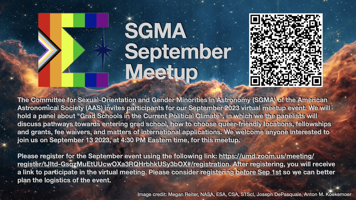 SGMA event: “Grad Schools in the Current Political Climate” Sep 13 @ 4:30pm ET. Panelists will discuss pathways to grad school, choosing queer-friendly locations, fellowships &amp; grants, fee waiver, &amp; international applications. QR code or link to register umd.zoom.us/meeting/regist…