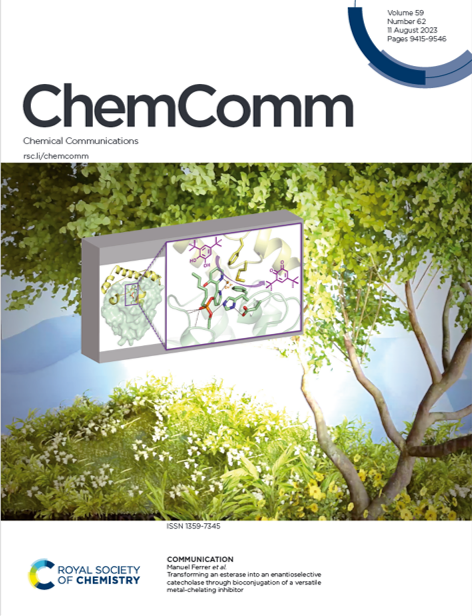 SystemsBiotech's tweet photo. Our article about inhibitors to transform #esterases into enantioselective #catecholases was selected as @chemcom cover! Discover how to develop versatile #biomimetic catalysts through #bioconjugation ➡️https://t.co/tU3JYtTvqG Thank you to Julia Sanz and Design_Cells! https://t.co/BCkFrfO0Qx