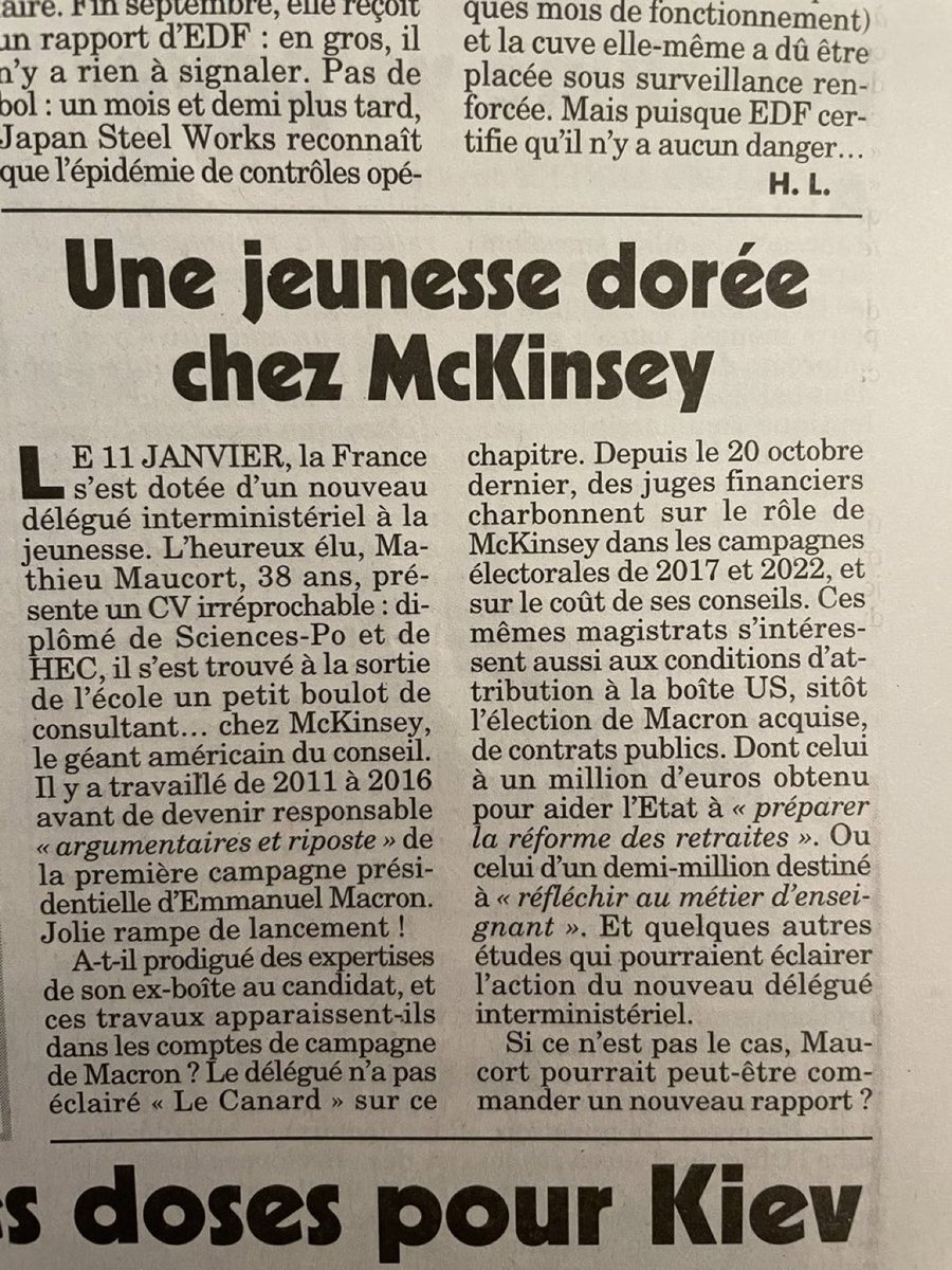 On découvre dans Le Canard Enchaîné que Mathieu Maucort, ex-consultant de chez McKinsey a été promu en début d’année délégué interministériel à la jeunesse auprès d’Élisabeth Borne…😳 Toujours plus loin dans l’ignominie…🤢