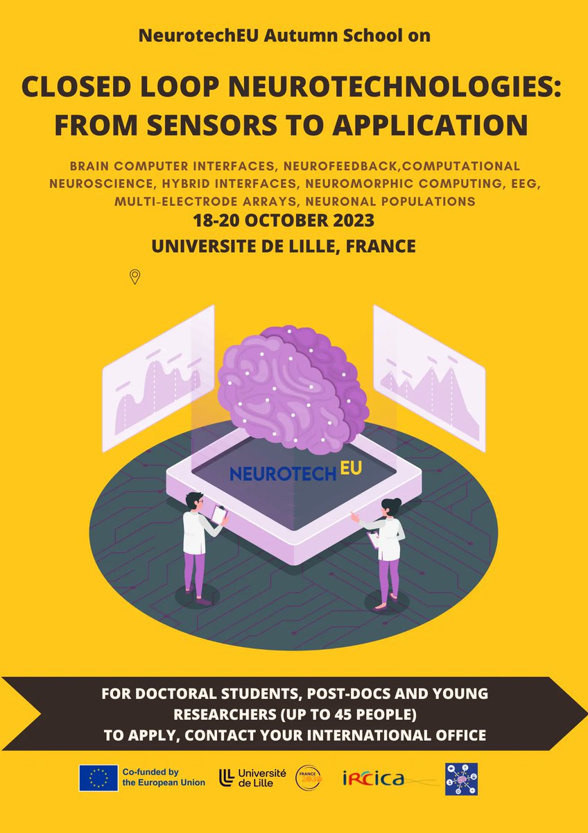 NeurotechEU (@theneurotecheu) on Twitter photo Last call for registration for the first edition of the #NeurotechEU “Autumn School on Closed Loop #Neurotechnologies: from sensors to applications”.
📌 October 18-20, 2023 on-site at <a href="/univ_Lille/">Université de Lille</a>
❗ Deadline for application: September 4, 2023
buff.ly/3Y8jogN Last call for registration for the first edition of the #NeurotechEU “Autumn School on Closed Loop #Neurotechnologies: from sensors to applications”.
📌 October 18-20, 2023 on-site at <a href="/univ_Lille/">Université de Lille</a>
❗ Deadline for application: September 4, 2023
buff.ly/3Y8jogN
