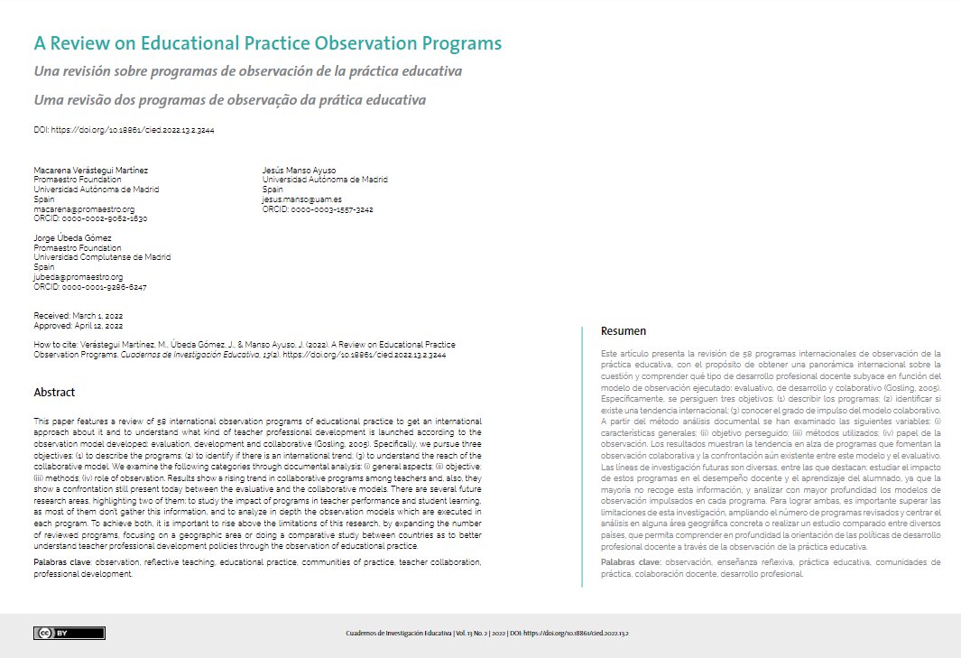 Ya disponible también en inglés el artículo: Una revisión sobre programas de observación de la práctica educativa. Con <a href="/JorgeFilosofo/">Jorge Úbeda</a> y <a href="/j_manso/">Jesús Manso</a>
Gracias a <a href="/cuadernosie/">Cuadernos de Investigación Educativa</a>
Acceso: doi.org/10.18861/cied.…