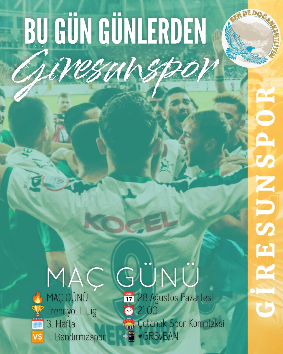 🔥 MAÇ GÜNÜ
🏆 Trendyol 1. Lig
🗓️ 3. Hafta
🆚 T. Bandırmaspor
📅 28 Ağustos Pazartesi
⏰ 21.00
🏟️ Çotanak Spor Kompleksi
📲 #GRSvBAN