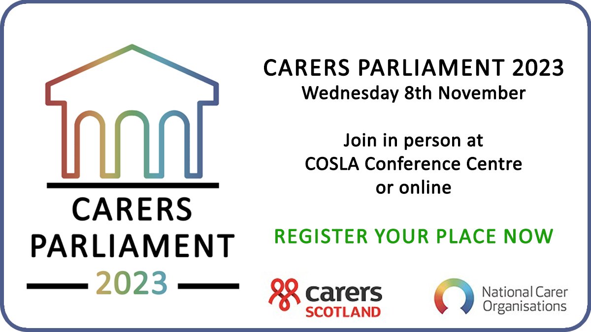 📢Unpaid carers in Scotland - let your voice be heard at the #CarersParliament 2023! Join either in person or online - register your place today🔗 surveymonkey.co.uk/r/CParl2023